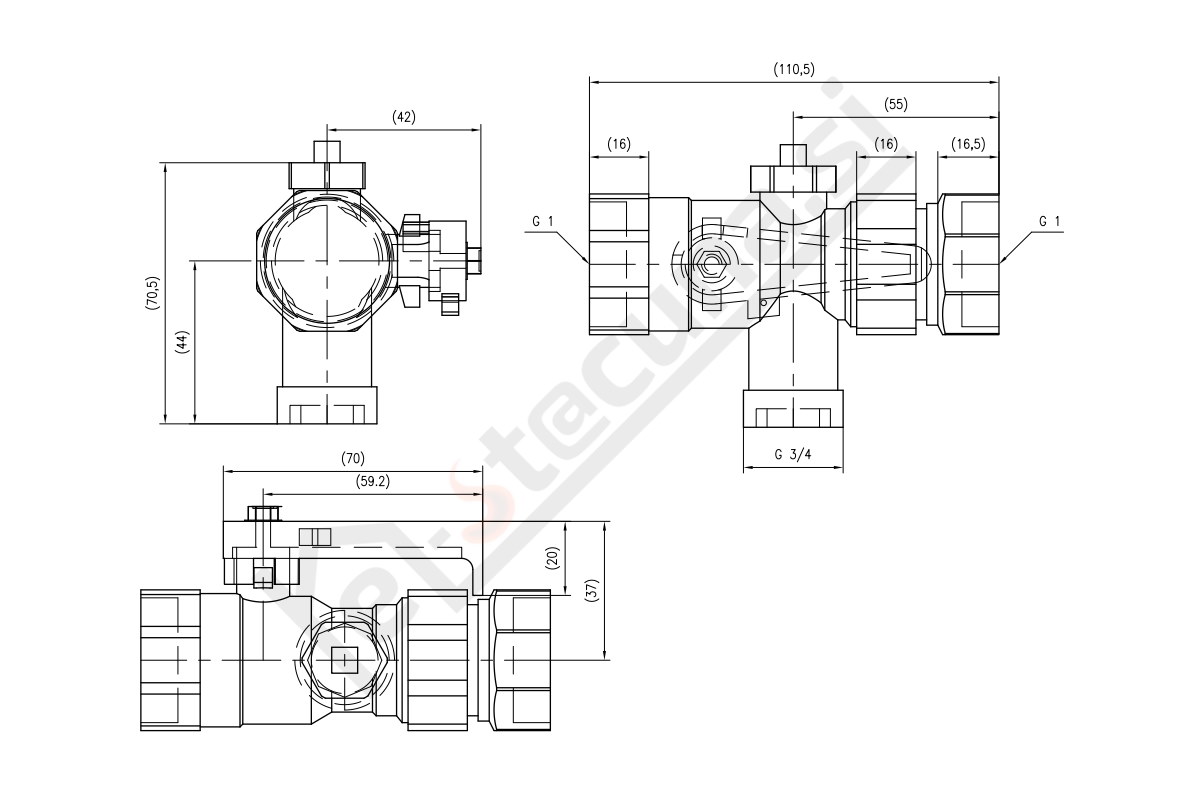 Reflex servisni ventil 1" za raztezne posode - dimenzije